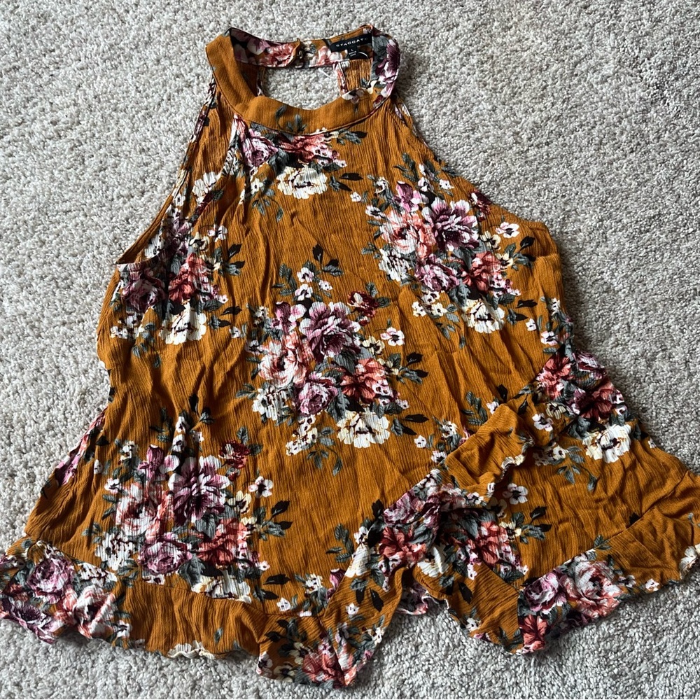 Mustard and roses Floral halter tank top with ruffles and cut out back